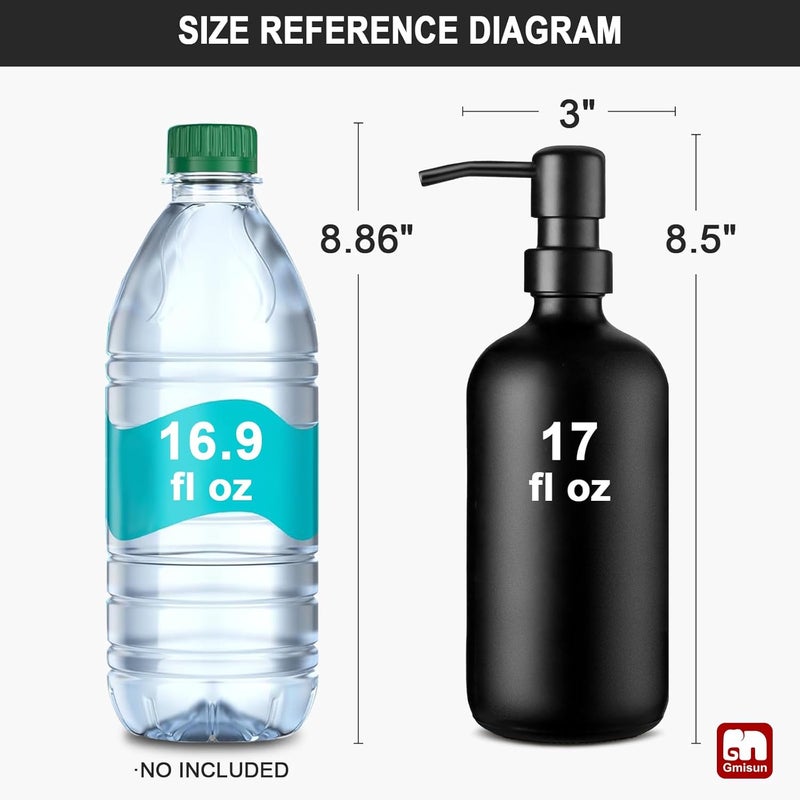 Gmisun Black Soap Dispenser, 2 Pack Matte Black Hand Soap Dispensers Bathroom with Stainless Steel Pump, 17 Fl Oz Glass Dish Soap Dispenser Set for Kitchen, Modern Liquid Soap Bottle with Labels - Image 2